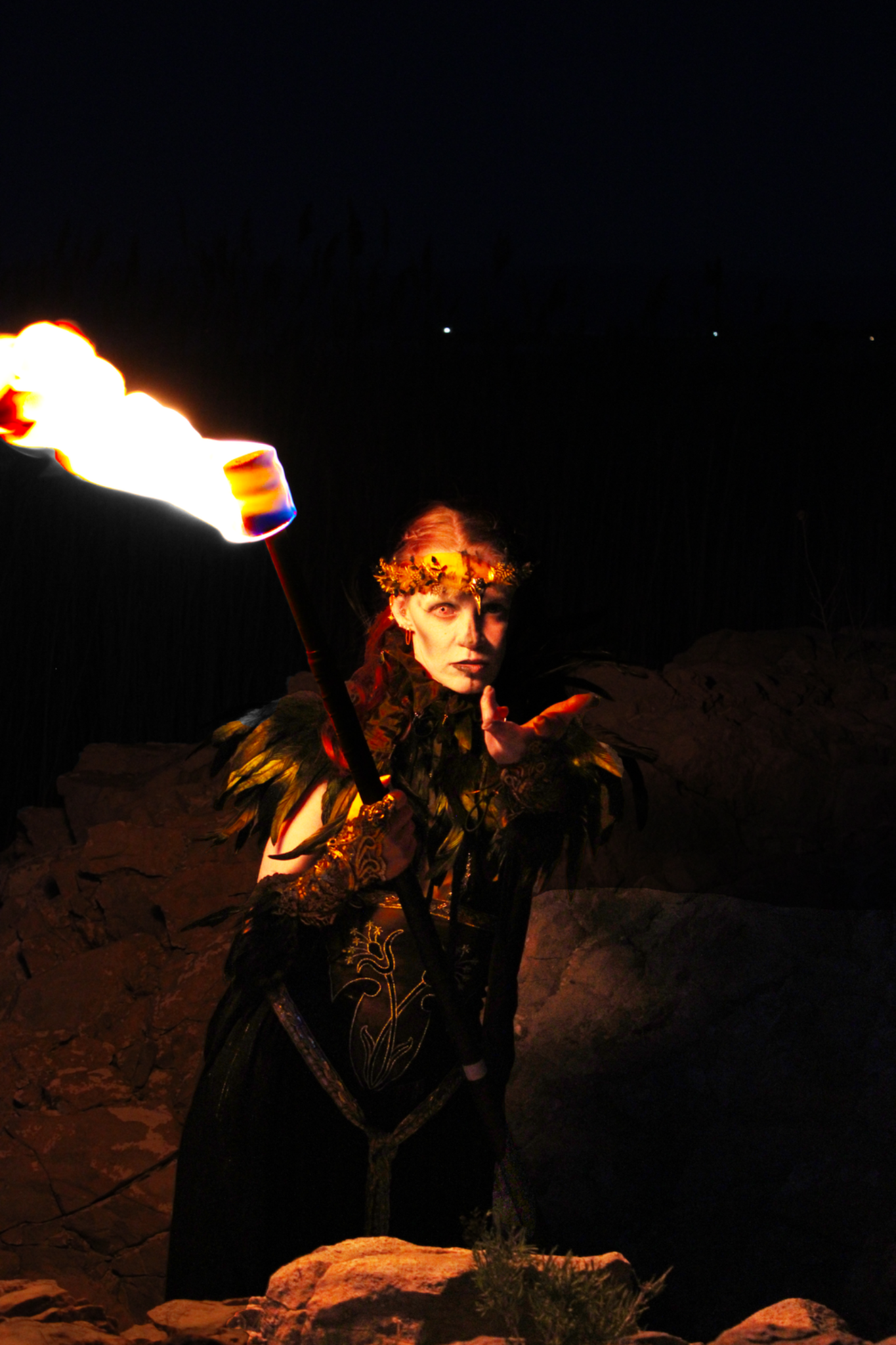 Performer with fire staff at night